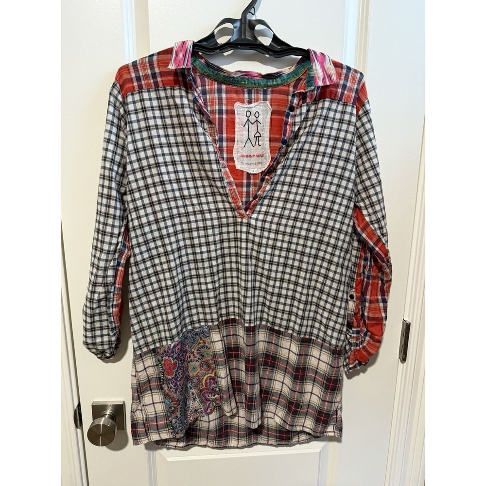 Johnny Was Plaid Patchwork BOHO Tunic Blouse Size Small